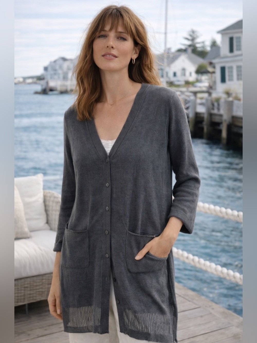 Poetry Charcoal Gray Silk Linen Long Cardigan Duster V-Neck Button Front Size 10